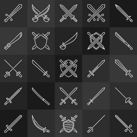 Shield and sword vector outline icons on dark backgroundのイラスト素材