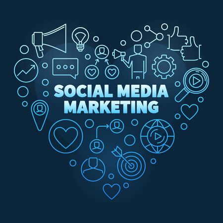 Social Media Marketing vector blue concept outline heart illustration on dark backgroundのイラスト素材