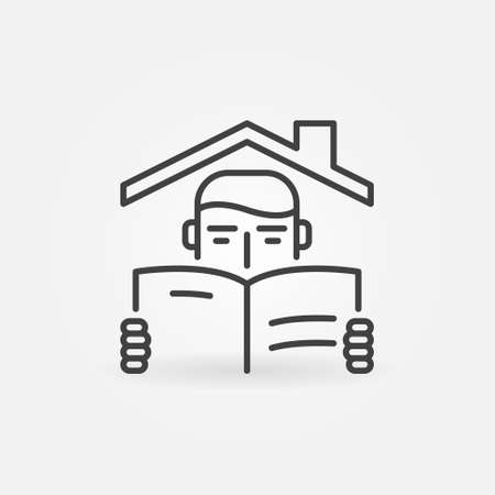 Boy Reading a Book under the House Roof vector line iconのイラスト素材