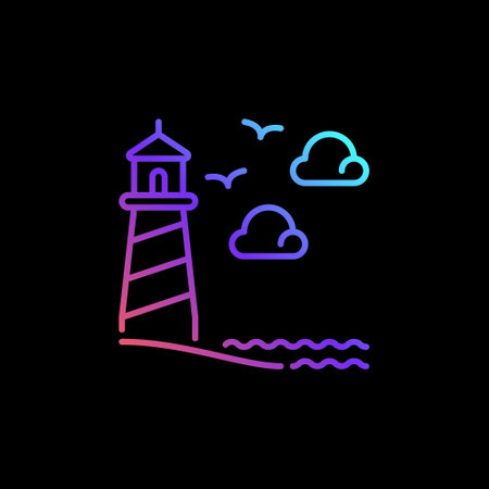 Lighthouse on Cliff with Seagulls vector line concept colorful iconのイラスト素材