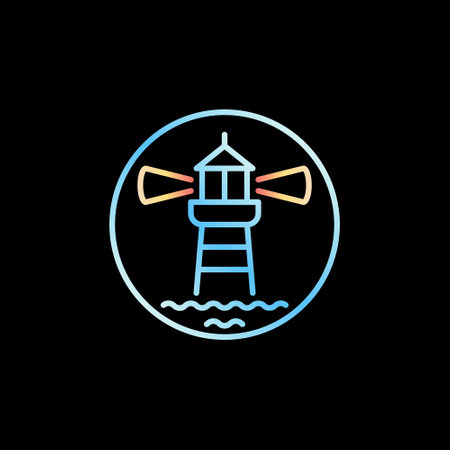 Lighthouse with Waves thin line vector blue round iconのイラスト素材