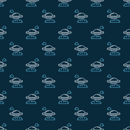 Flying Saucer in Clouds vector concept linear modern seamless patternのイラスト素材