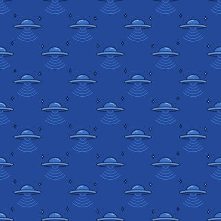 UFO with Radio Wave in Space vector Extraterrestrial life concept blue seamless patternのイラスト素材
