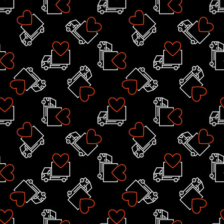Heart and Delivery Truck vector concept dark linear seamless patternのイラスト素材