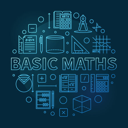 Basic Maths concept vector thin line circular blue banner. Math illustration with dark backgroundのイラスト素材