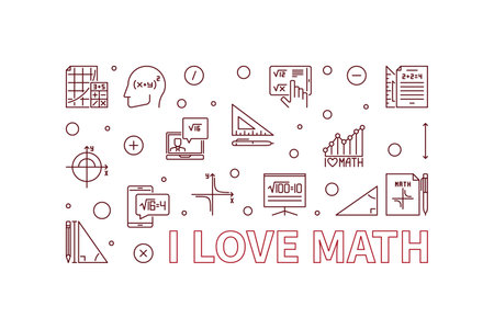 I Love Math concept vector thin line horizontal banner - Mathematics illustrationのイラスト素材
