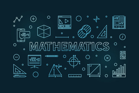 Mathematics vector thin line horizontal blue modern banner - Math Science concept outline illustration with dark backgroundのイラスト素材