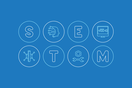 STEM Education horizontal minimal vector blue illustration in thin line style. science banner