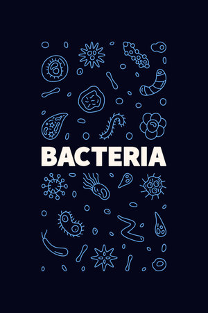 Bacteria concept outline vector vertical blue modern banner with microbes linear signs. Science illustrationのイラスト素材