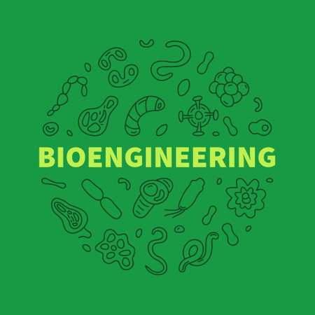 Bioengineering vector Science concept green round banner in line style - Bio Engineering illustrationのイラスト素材