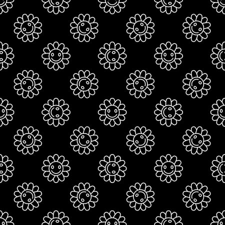 Vintage Groovy Smiling Flower vector dark concept outline seamless patternのイラスト素材