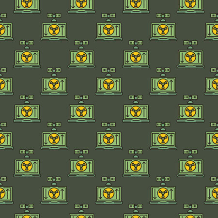 Laptop with Radiation symbol on screen connected with Satellite vector concept colored seamless patternのイラスト素材