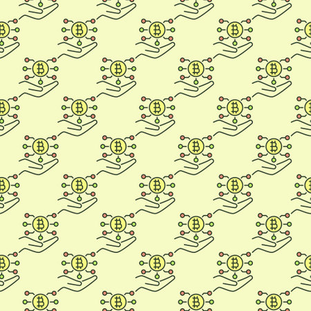 Hand with Bitcoin Technology vector Cryptocurrency concept colored seamless patternのイラスト素材