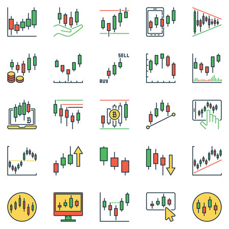 Candlestick Charts colored icons set. Stock and Crypto red and green Candlesticks creative vector Cryptocurrency and Stock Market Trading concept symbolsのイラスト素材