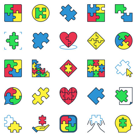 Jigsaw Puzzle vector colored icons set. Puzzles piece concept symbols collectionのイラスト素材