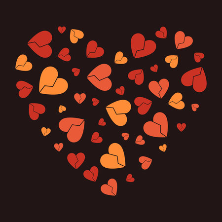 A vibrant illustration of broken hearts in red and orange, forming a larger heart shape at the center. Vector concept illustrationのイラスト素材