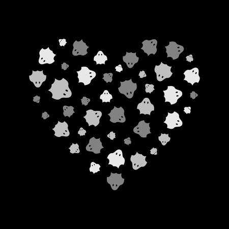 Black and white silhouette of a heart filled with ghost signs dark background. Vector halloween illustration or bannerのイラスト素材