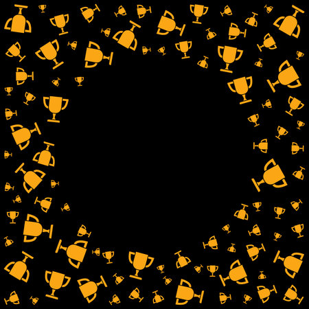 Celebration graphic with multiple trophy icons surrounding a central empty space on dark background. Vector illustration or frameのイラスト素材