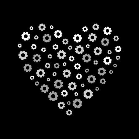 Image of a heart made from gears and cogs on a black background. The heart is intricate with multiple layers of interconnected metal pieces. Mechanics, industry or craftsmanship concept vector illustration or bannerのイラスト素材