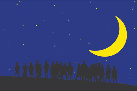 silhouettes of young children in moonlight with stars (vector eps format)のイラスト素材