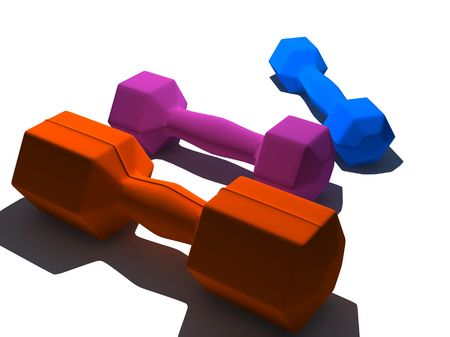three dumbbells on white background - 3d renderの写真素材