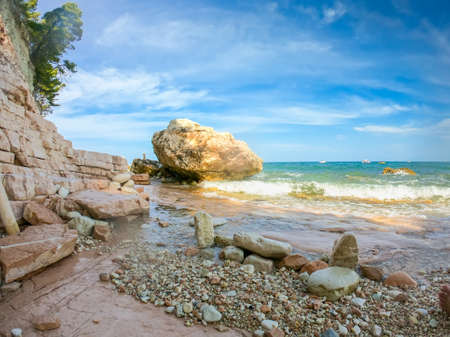 Seascape mountain Conero National Park, view of the Sassi Neri beach - black stone beach, Adriatic coast,Sirolo, Marche, Italy, Europeの写真素材