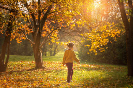 Pretty cute little girl walks in autumn park.Beauty fall sunny park.Autumn fashionの写真素材