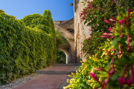 A beautiful narrow old road and brick arch on the street of the medieval city of Ventimiglia on top of a hill in Italy,Liguria. Ligurian Riviera, Province of Imperia.の写真素材