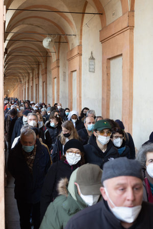 Bologna,Emilia Roman,Italy: March 13,2022. Peace pilgrimage Sanctuary of the Madonna di San Luca in...