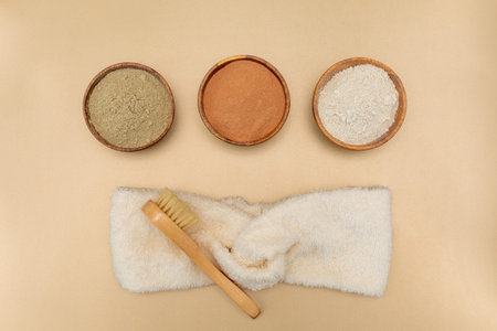 Organic green, red, white clay for face mask with soft sponge bandage and bamboo and goat hair brush...