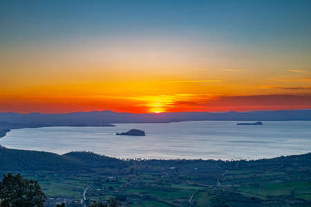 Beautiful panoramic sunset overlooking Lake Bolsena, Lazio, Italy, Umbria,の写真素材