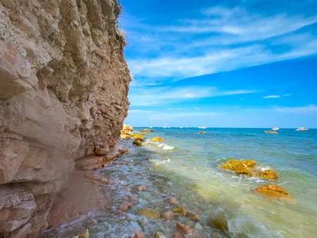 Seascape mountain Conero National Park, view of the Sassi Neri beach - black stone beach, Adriatic coast, Sirolo, Marche, Italy, Europeの写真素材
