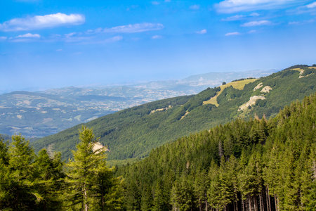 Beautiful panoramic view in summer on Monte Cimone near Lake Nymfa. Landscape of the Tuscan-Emilian Apennines of Sestola, province of Modena, Italyの写真素材