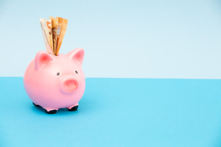 Euro banknote in a pink piggy bank on a blue background. Savings concept, financial planningの写真素材