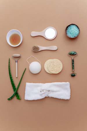 Natural homemade various eco-friendly items from the bathroom for face and body care and hygiene on a beige background. Zero waste self-care concept. Top viewの写真素材