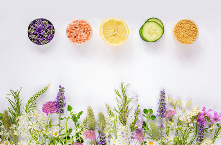 Homemade skin care with natural ingredients aloe vera, lemon, cucumber, Himalayan salt, cucumber, ginger and honey, facial clay, lavender on a white background.Concept natural cosmeticの写真素材