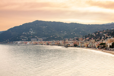 Panoramic view of the village on the eastern Ligurian coast.Alassio,Italy ,LIguria ,province of Savona .Beautiful view of the sea andの写真素材