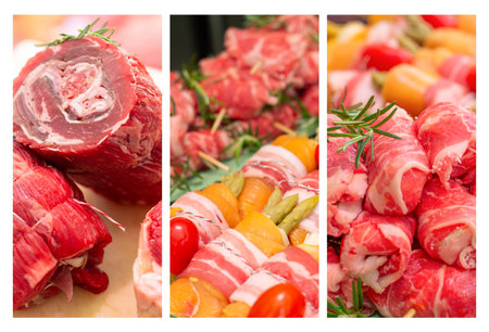 Butcher shop,meat assortment. Collage of different preparations types of raw meat.Fresh meat rolls ,raw chicken rolls with asparagus and rolledの写真素材