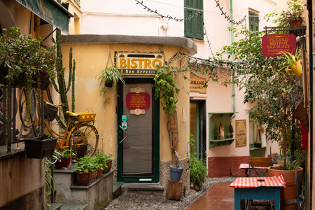 Bordighera, Liguria, Province of Imperia, Italy - March 10, 2026: The medieval houses of Bordighera,...