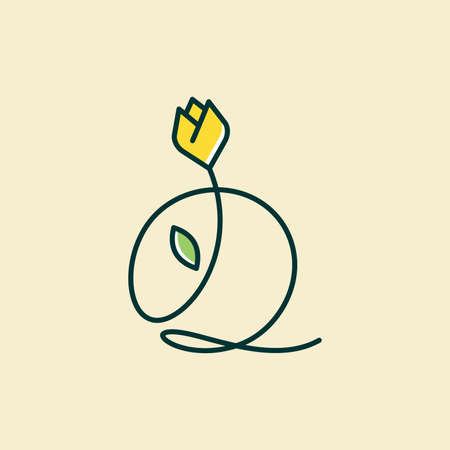 Beauty and charming simple illustration logo design Initial Q combine with tulip flower.のイラスト素材