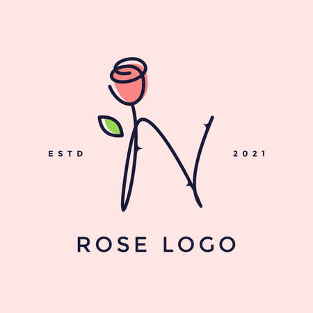 Beauty and charming simple illustration logo design Initial N combine with Rose flower.のイラスト素材