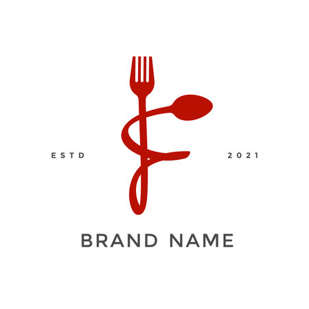 Simple, Modern and Unique illustration logo design initial F combine with fork and spoon. Logo recommended for business related Beverages, Restaurant, Cafe and Food.のイラスト素材