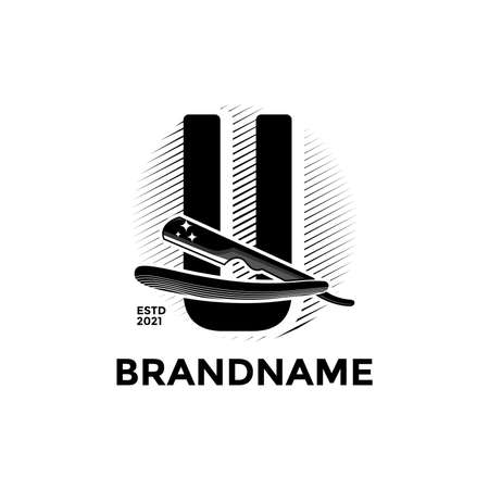 Vintage illustration design for Barbershop logo, logo created combining initial U and razor.のイラスト素材