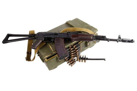 soviet army box of ammunition with AK rifle and ammunition isolatedの写真素材