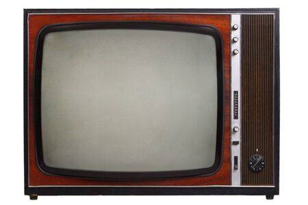 Vintage retro black and white TV isolated on white backgroundの写真素材