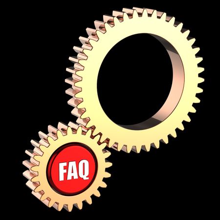 Text Faq on red button inside gear wheel. 3D renderの写真素材