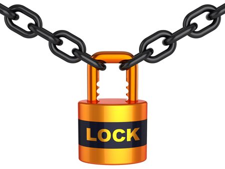 Lock. Shiny orange padlock with word Lock and black chain. 3D render (Hi-Res). Isolated on white backgroundの写真素材