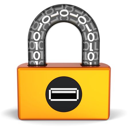Data security concept. Usb digital lock. Front view. Abstract orange digital padlock with black parts and binary code in transparent arch. Computer security conceptの写真素材