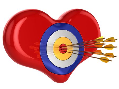 Love 700 percents. Heart as target pierced by seven Cupid's arrows. Isolated on white. This is a detailed 3D render (Hi-Res)の写真素材