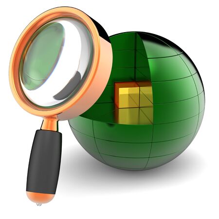Data searching. Golden shiny cube inside abstract green data-sphere under orange magnifying glass. Global search concept. 3D renderの写真素材